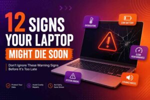 A laptop showing warning signs of failure including overheating, low battery, slow performance, and system errors with orange and purple design elements.