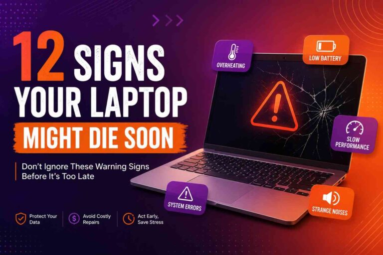A laptop showing warning signs of failure including overheating, low battery, slow performance, and system errors with orange and purple design elements.