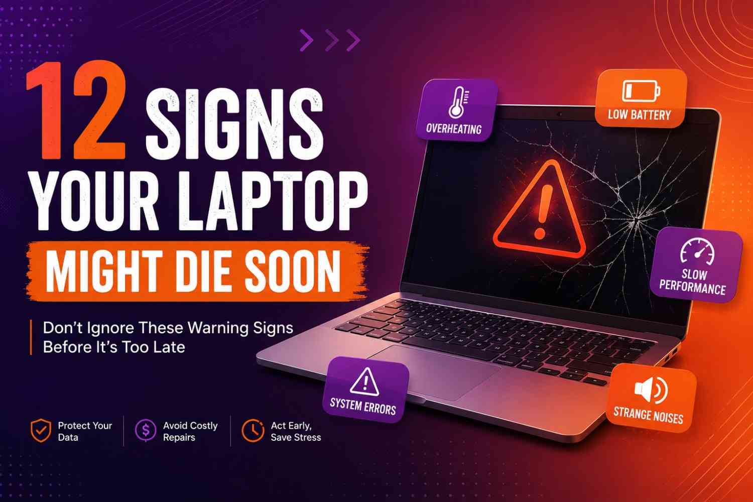 A laptop showing warning signs of failure including overheating, low battery, slow performance, and system errors with orange and purple design elements.