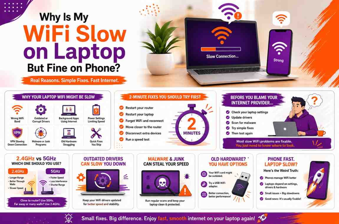 A depiction of "Why Is My WiFi Slow on Laptop But Fine on Phone" and fixes