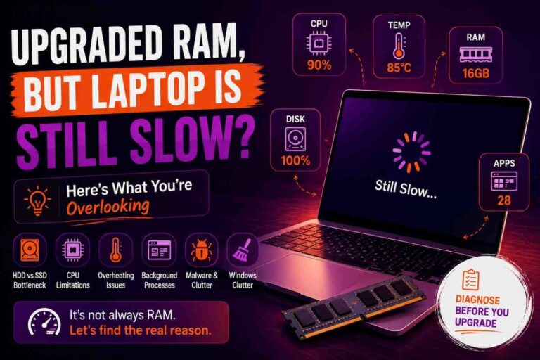 Illustration of a laptop remaining slow after a RAM upgrade, highlighting common performance bottlenecks including storage, CPU usage, overheating, and background applications.