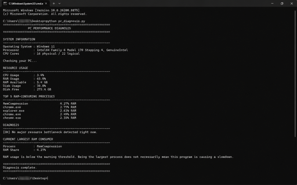 Python PC Performance Checker showing CPU, RAM, disk usage and running processes